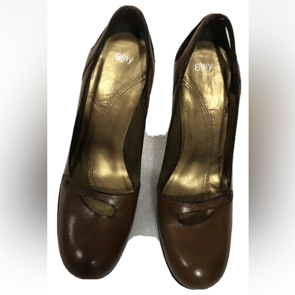 B Lay Brown LEATHER Mule Round Toe   SHOES Heels 35.5